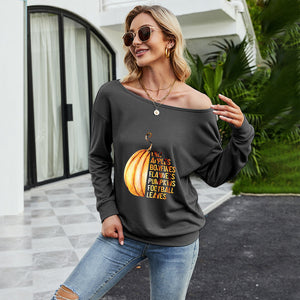 FANCYINN Women Sweatershirt Halloween Pumpkin Printed Off Shoulder Pullover Casual Graphic Fall Long Sleeve T Shirt Tops
