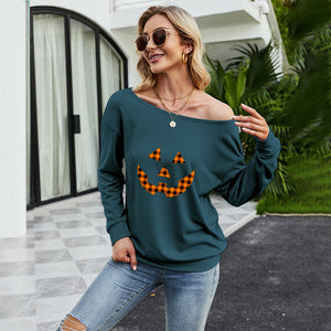 FANCYINN Women Sweatershirt Halloween Smiley Printed Off Shoulder Pullover Casual Graphic Fall Long Sleeve T Shirt Tops