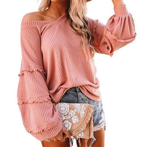 FANCYINN Women's Oversized Off Shoulder Pullover Tops Long Sleeve Loose Fit Waffle Knit Tops