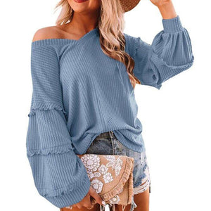 FANCYINN Women's Oversized Off Shoulder Pullover Tops Long Sleeve Loose Fit Waffle Knit Tops