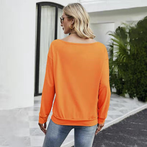 FANCYINN Women Sweatershirt Halloween Hello Pumpkin Printed Off Shoulder Pullover Casual Graphic Fall Long Sleeve T Shirt Tops