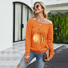 Load image into Gallery viewer, FANCYINN Women Sweatershirt Halloween Pumpkin Printed Off Shoulder Pullover Casual Graphic Fall Long Sleeve T Shirt Tops

