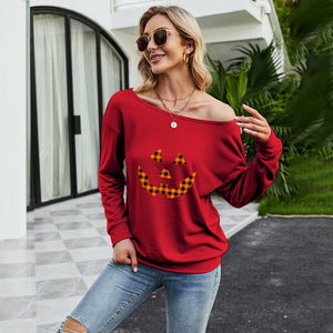 FANCYINN Women Sweatershirt Halloween Smiley Printed Off Shoulder Pullover Casual Graphic Fall Long Sleeve T Shirt Tops