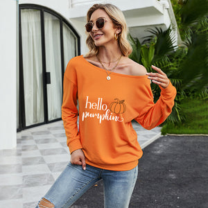 FANCYINN Women Sweatershirt Halloween Hello Pumpkin Printed Off Shoulder Pullover Casual Graphic Fall Long Sleeve T Shirt Tops