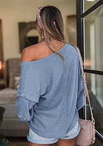FANCYINN Women's Oversized Off Shoulder Pullover Tops Long Sleeve Loose Fit Waffle Knit Tops