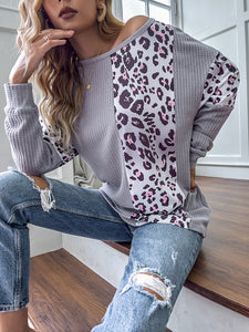 FANCYINN Women's Leopard Sweaters Casual Long Sleeve Crewneck Color Block Patchwork Pullover Waffle Sweater Tops