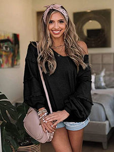 FANCYINN Women's Oversized Off Shoulder Pullover Tops Long Sleeve Loose Fit Waffle Knit Tops