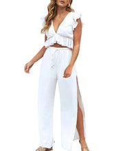 Load image into Gallery viewer, Womens 2 Pieces Outfits Set Ruffle Crop Top Drawstring Side Split Wide Leg Pants
