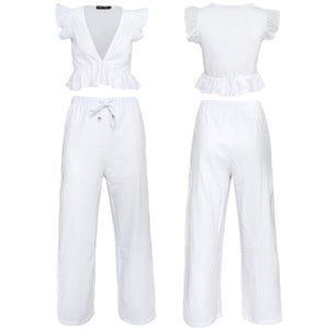 Womens 2 Pieces Outfits Set Ruffle Crop Top Drawstring Side Split Wide Leg Pants