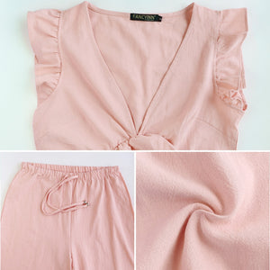 Womens 2 Pieces Outfits Set Ruffle Crop Top Drawstring Side Split Wide Leg Pants