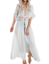Load image into Gallery viewer, FANCYINN Womens Long Lace Cover up Sheer Bikini Coverups Kimono Tie Front Bathing Suit Swimsuit Beachwear
