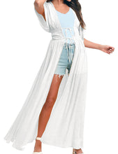 Load image into Gallery viewer, FANCYINN Womens Long Lace Cover up Sheer Bikini Coverups Kimono Tie Front Bathing Suit Swimsuit Beachwear
