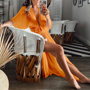 FANCYINN Womens Long Lace Cover up Sheer Bikini Coverups Kimono Tie Front Bathing Suit Swimsuit Beachwear