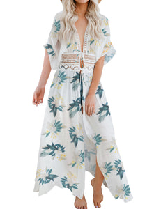 FANCYINN Womens Long Lace Cover up Sheer Bikini Coverups Kimono Tie Front Bathing Suit Swimsuit Beachwear