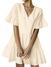 Load image into Gallery viewer, FANCYINN Women’s Cute Shift Dress with Pockets Bell Sleeve Ruffle Hem V Neck Loose Swing Tunic Mini Dress
