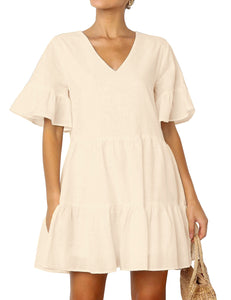 FANCYINN Women’s Cute Shift Dress with Pockets Bell Sleeve Ruffle Hem V Neck Loose Swing Tunic Mini Dress