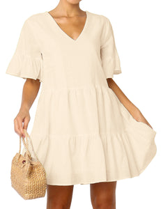 FANCYINN Women’s Cute Shift Dress with Pockets Bell Sleeve Ruffle Hem V Neck Loose Swing Tunic Mini Dress