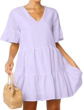 Load image into Gallery viewer, FANCYINN Women’s Cute Shift Dress with Pockets Bell Sleeve Ruffle Hem V Neck Loose Swing Tunic Mini Dress
