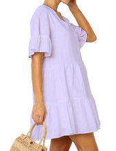 Load image into Gallery viewer, FANCYINN Women’s Cute Shift Dress with Pockets Bell Sleeve Ruffle Hem V Neck Loose Swing Tunic Mini Dress
