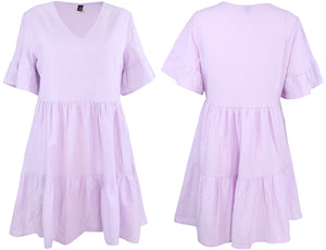 FANCYINN Women’s Cute Shift Dress with Pockets Bell Sleeve Ruffle Hem V Neck Loose Swing Tunic Mini Dress