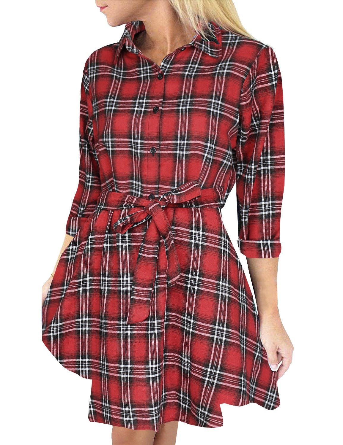 【美品】Time Will Tell_Blush/Tartan Multi Red Mini Dress - Multi Plaid Shirt Dress - Cute Waist Sash Dress