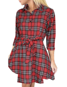 Ladies Autumn Plaid Checks Slim Long Sleeve Casual Mini Tunic Shirt Tartan Dress