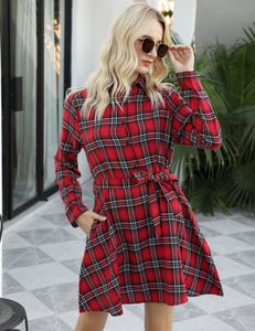 Ladies Autumn Plaid Checks Slim Long Sleeve Casual Mini Tunic Shirt Tartan Dress