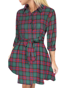 Ladies Autumn Plaid Checks Slim Long Sleeve Casual Mini Tunic Shirt Tartan Dress