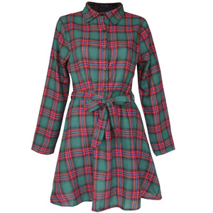 Ladies Autumn Plaid Checks Slim Long Sleeve Casual Mini Tunic Shirt Tartan Dress