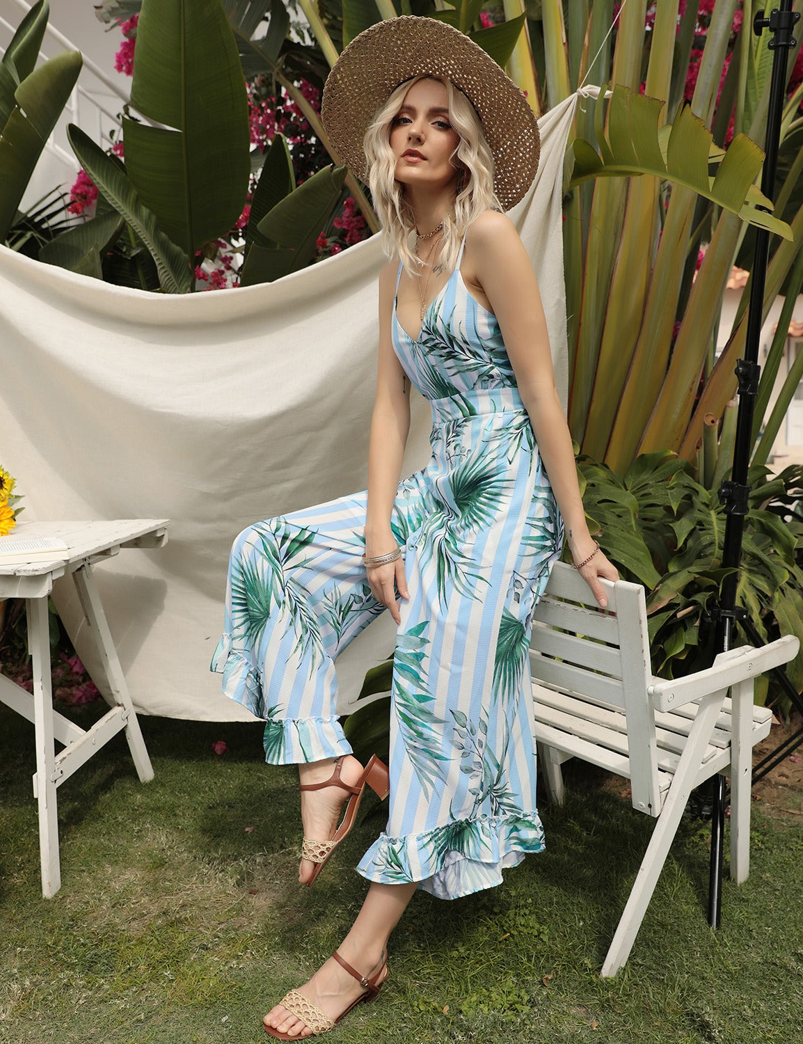 FANCYINN Womens Floral Loose Jumpsuits Rompers Spaghetti Strap