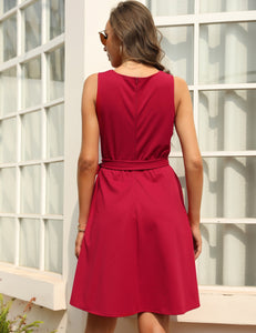 FANCYINN Womens Wrap Dress Sleeveless A-Line V-Neck Cocktail Swing Dresses with Pockets and Belt