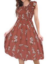 Load image into Gallery viewer, FANCYINN Womens Elegant Smocked Dress Ruffles Cap Sleeves Summer Floral Midi Shirred Dress with Pockets

