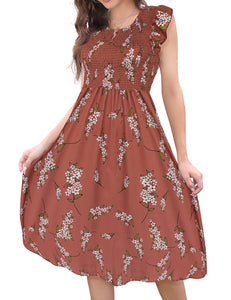 FANCYINN Womens Elegant Smocked Dress Ruffles Cap Sleeves Summer Floral Midi Shirred Dress with Pockets