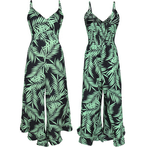 FANCYINN Womens Floral Loose Jumpsuits Rompers Spaghetti Strap Deep V Wide Leg Pants Ruffled Irregular Hem Summer Casual