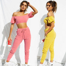 Load image into Gallery viewer, Women Off Shoulder 2 Pieces Outfits Tracksuit Strapless Crop Tops Sweatpants Set
