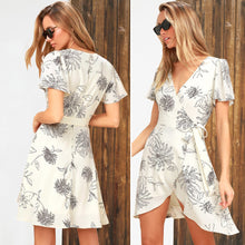 Load image into Gallery viewer, Women&#39;s Deep V Neck Short Sleeve Floral Prints Crossover Belted Midi Wrap Dress
