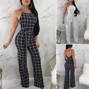 Sexy Women's Spaghetti Strap Plaid Backless Wide Leg Jumpsuit Overalls with Belt