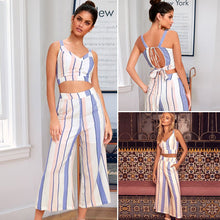 Load image into Gallery viewer, Women 2 Piece Striped Outfits Tie Back Crop Cami Top Wide Leg Pants 2 Pcs Set
