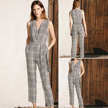Load image into Gallery viewer, Women&#39;s Cross V Neck Sleeveless Plaid Wrap Long Jumpsuit Rompers With Pockets
