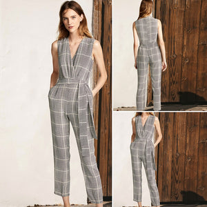 Women's Cross V Neck Sleeveless Plaid Wrap Long Jumpsuit Rompers With Pockets