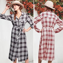 Load image into Gallery viewer, Women Plaid Checkered Roll Up Long Sleeve Tops Casual Midi Shirt Dress with Belt
