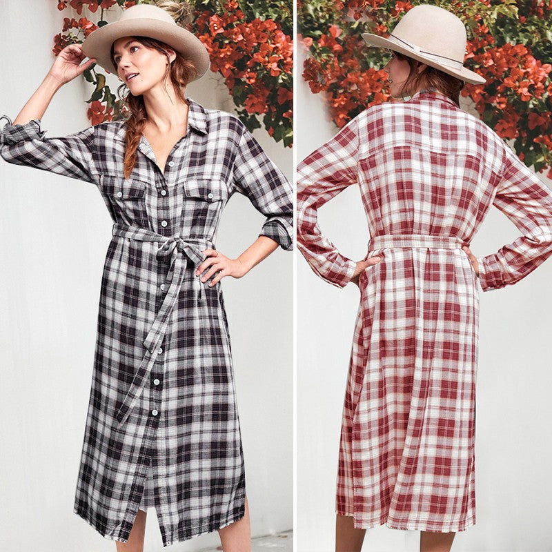 Women Plaid Checkered Roll Up Long Sleeve Tops Casual Midi Shirt Dress –  Fancyinn