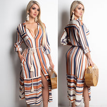 Load image into Gallery viewer, Womens Button Down Roll up Sleeve Stripes Patchwork Split Midi Dress with Pocket
