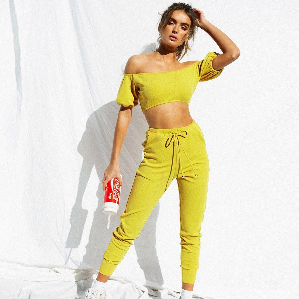 Women Off Shoulder 2 Pieces Outfits Tracksuit Strapless Crop Tops Sweatpants Set