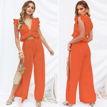 Load image into Gallery viewer, Womens 2 Pieces Outfits Set Ruffle Crop Top Drawstring Side Split Wide Leg Pants
