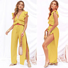 Load image into Gallery viewer, Womens 2 Pieces Outfits Set Ruffle Crop Top Drawstring Side Split Wide Leg Pants
