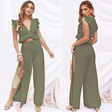 Load image into Gallery viewer, Womens 2 Pieces Outfits Set Ruffle Crop Top Drawstring Side Split Wide Leg Pants
