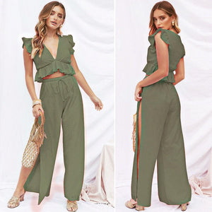 Womens 2 Pieces Outfits Set Ruffle Crop Top Drawstring Side Split Wide Leg Pants