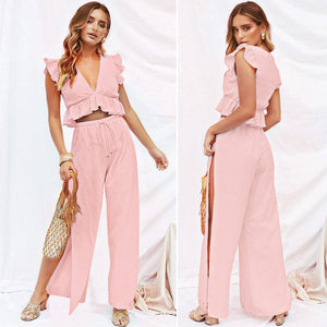 Womens 2 Pieces Outfits Set Ruffle Crop Top Drawstring Side Split Wide Leg Pants