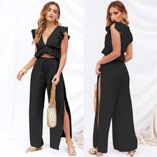 Load image into Gallery viewer, Womens 2 Pieces Outfits Set Ruffle Crop Top Drawstring Side Split Wide Leg Pants
